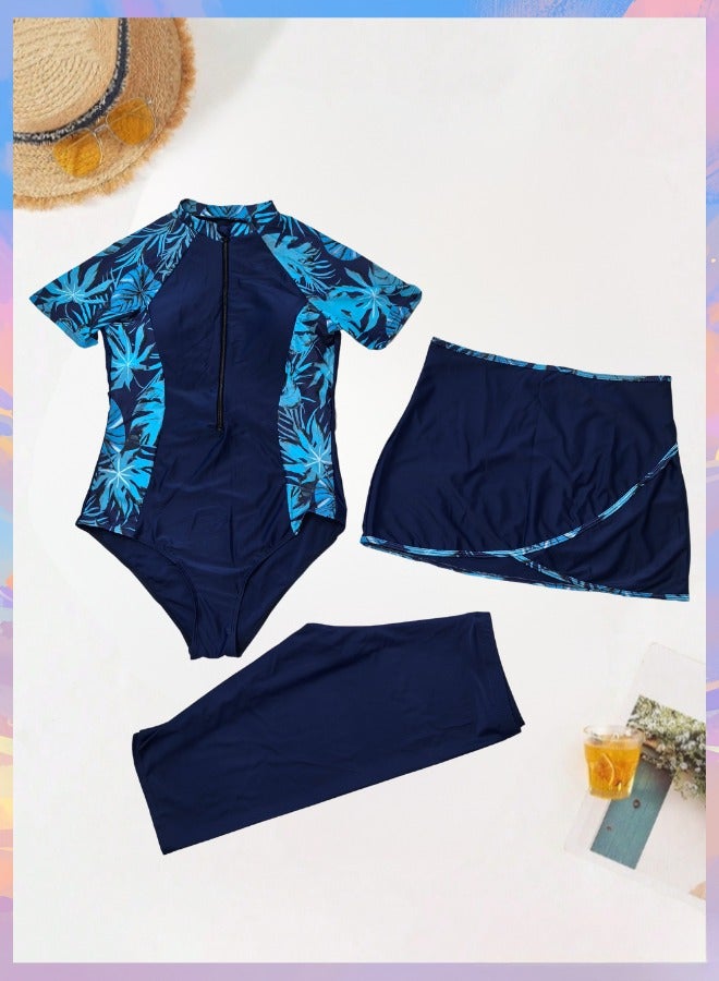 Fianser Swimwear 3-Piece Swimsuits Set Short Sleeve With Short Skirt Mid-Length Pants Burkini Beachwear Conservative Swimming Costume Sun UV Protection Surfing Suit Diving Suit Quick Dry Zipper - Image 3